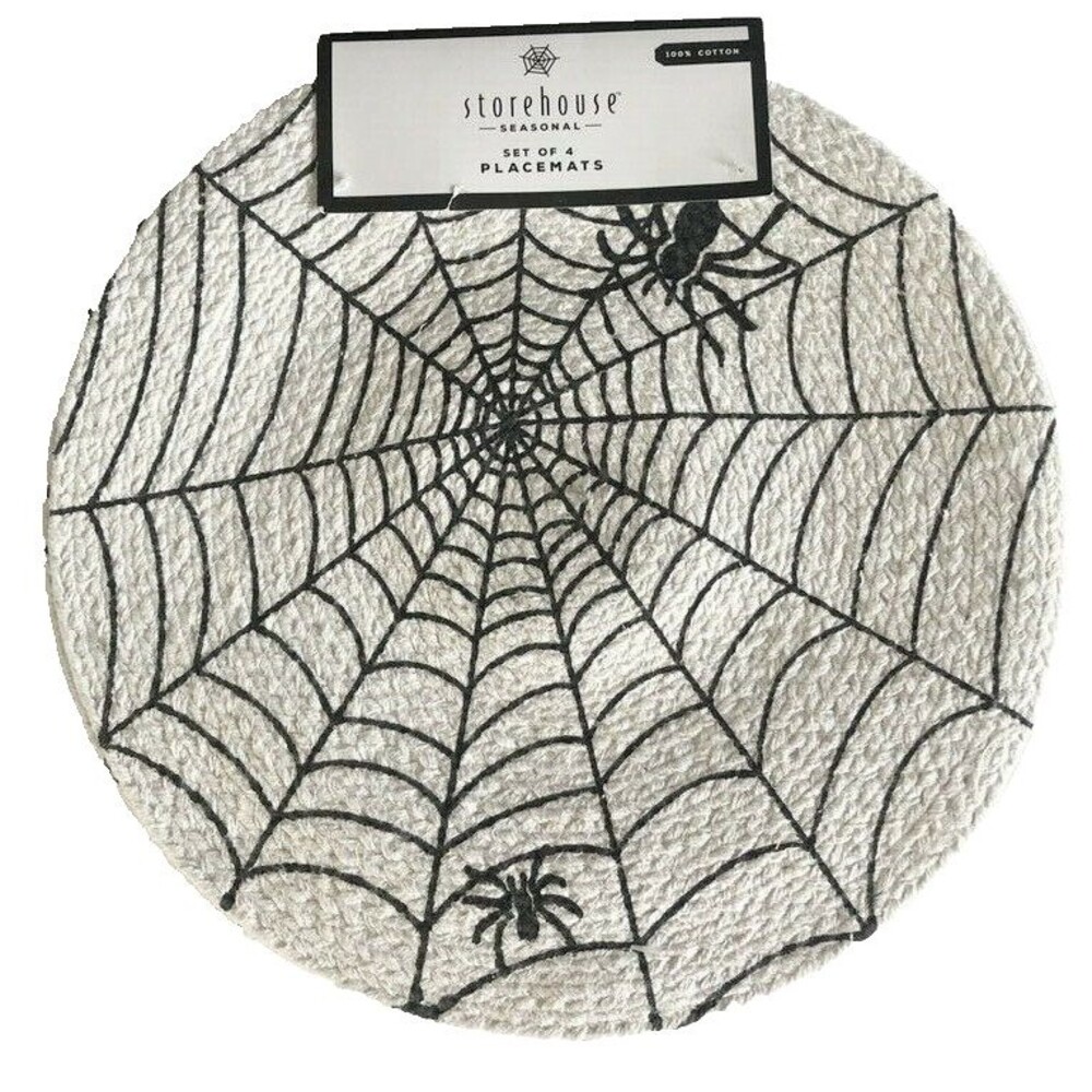 Spider Web Halloween 15" Rd Placemats Chargers Set of 4 Braided White Black